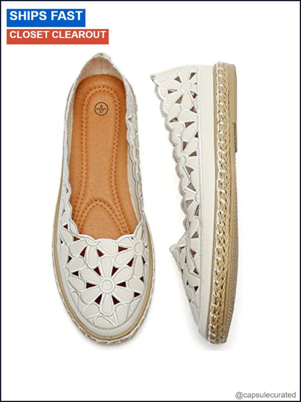 PU Leather Ballet Flats Espadrille Loafers Daisy Cut-Outs Slip-On